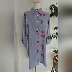 POL Navy and WhPOL Small Navy Stripite Striped Shirt with Pink Floral Embroidery